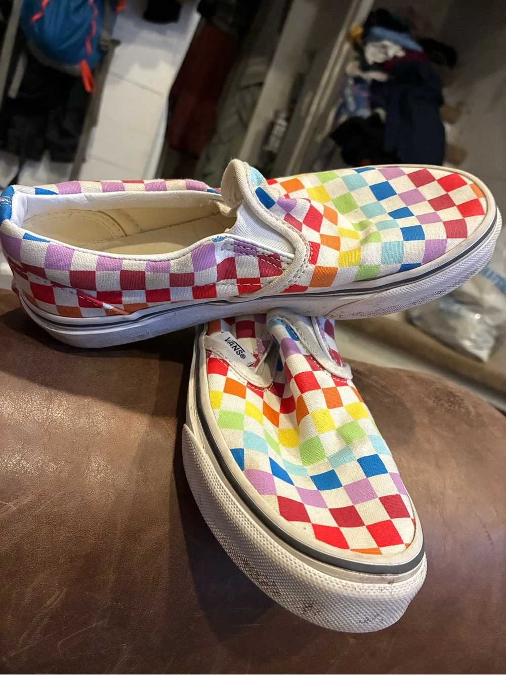 Vans Kids Slip-On Rainbow Checkerboard Canvas Sneakers